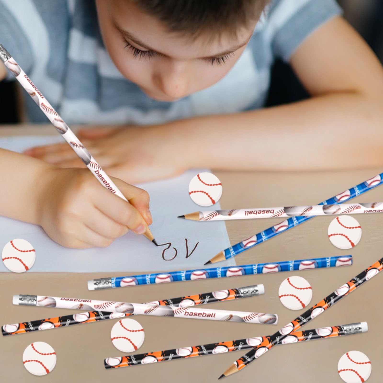 HLenyoy 36 Pièces Crayons de Sports,36 Pièces Gommes de Sports,Crayon à Dessin sur Thème de Baseball, Fourniture Scolaire