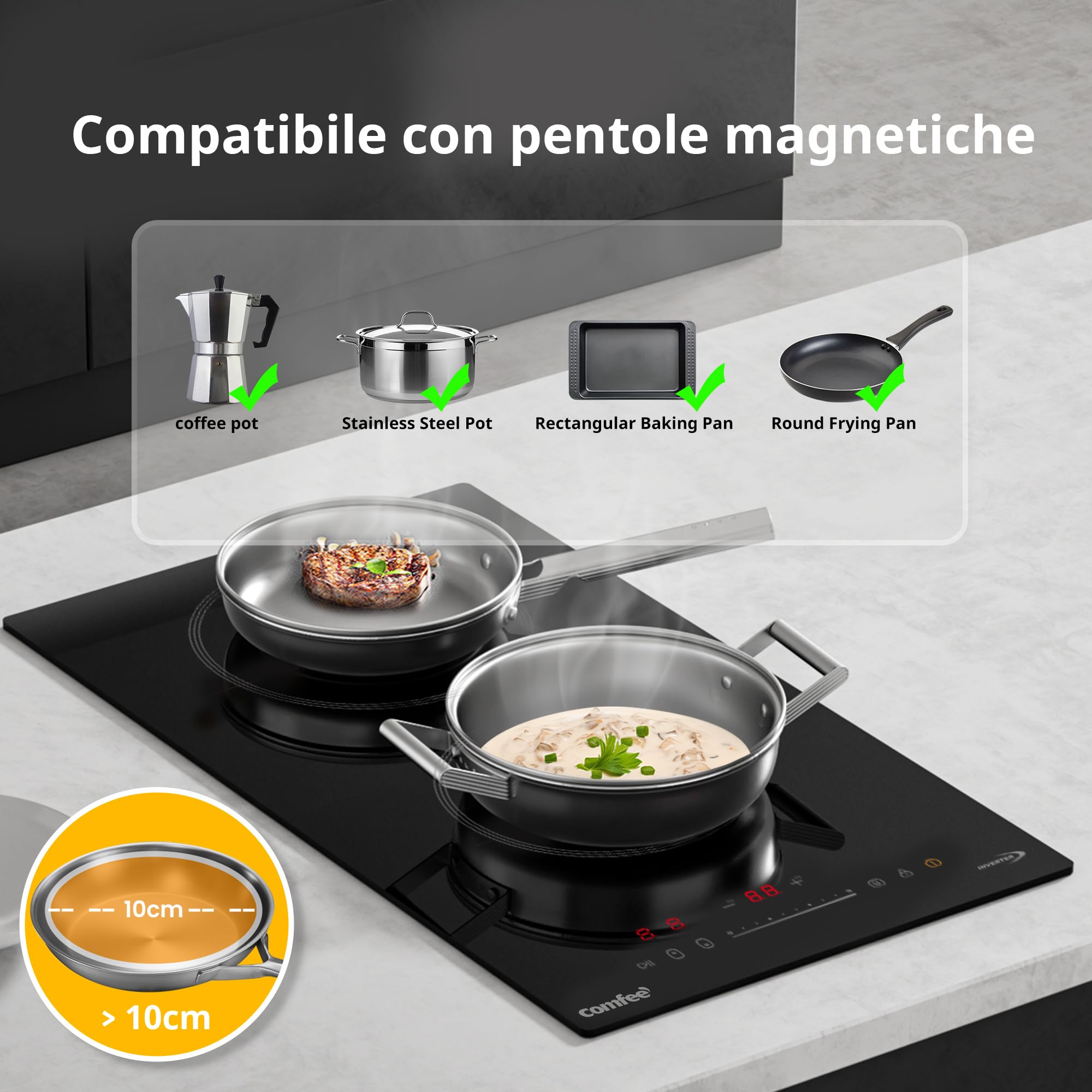 COMFEE' Piano Cottura a Induzione a Incasso con 2 Zone di Cottura Piani Cottura in Ceramica, Cablaggio, Touch Control, Spegnimento Automatico, Chiusura a Prova di Bambino