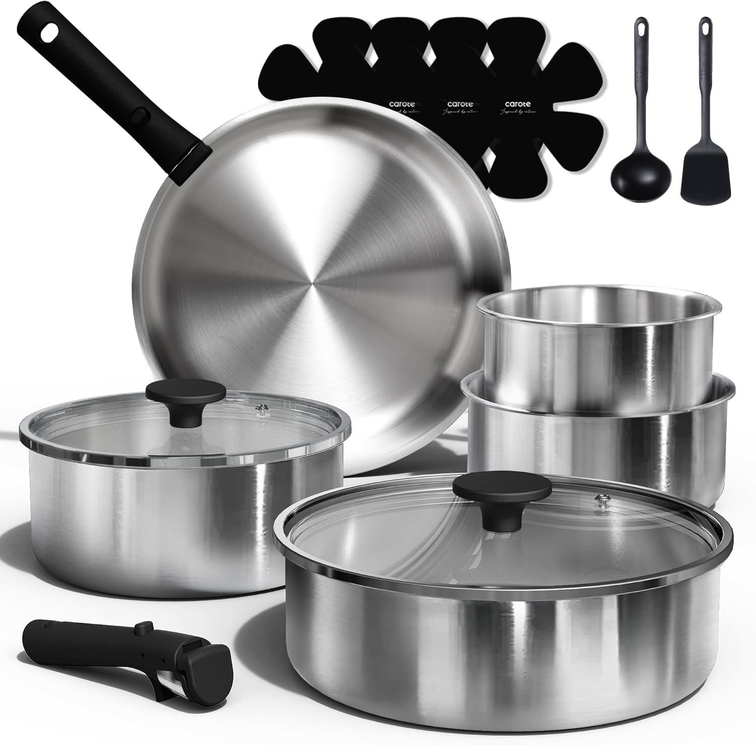CAROTE Pots and Pans Set, Stainless Steel Cookware Set Detachable Handle, 15pcs Induction Kitchen Cookware Sets with Removable Handle, RV Cookware Set, Oven Safe CAROTE Pots and Pans Set, Stainless Steel Cookware Set Detachable Handle, 15pcs Induction Kitchen Cookware Sets with Removable Handle, RV Cookware Set, Oven Safe