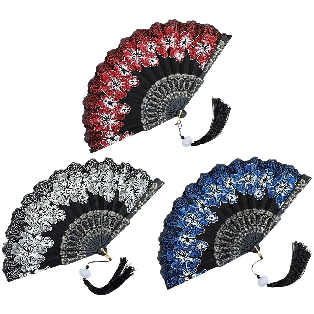 Hrippy 3pcs Cherry Blossom Folding Fan, Elegant Hand Fan with Tassel for Wedding Geisha Dance Party Props