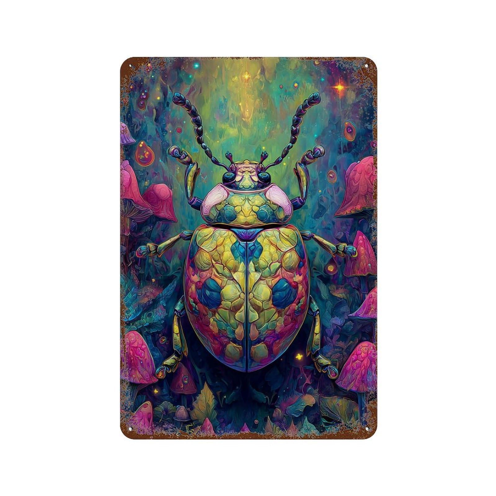 Retro Metal Sign Colorful Beetle in Fantasy Forest 11.8"x7.9", Decorative Metal Wall Art for Pub, Kitchen And Man Cave Decor