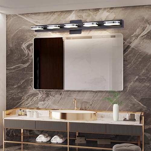 Miniatura 4 de Moderna Lámpara LED de Tocador de 5 Luces para Baño Moderna Lámpara de Tocador Fija en Pared de 33 Pulgadas Luz Blanca Natural (Negro)