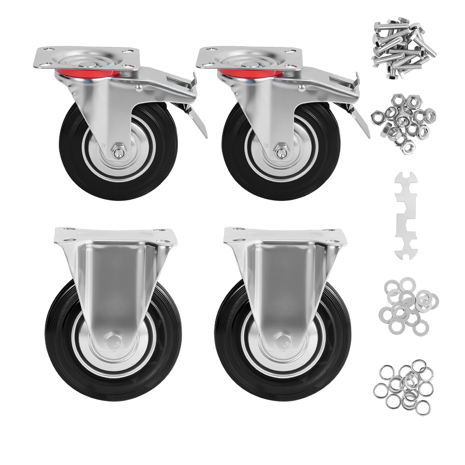 Sohnvwtgd 4 Inch Caster Wheels Set Of Heavy Duty Casters With Brake, Swivel Rubber Castors For Cart, Workbench,Black (4"(2 Fixed+ 2 Swivel With Brake), )