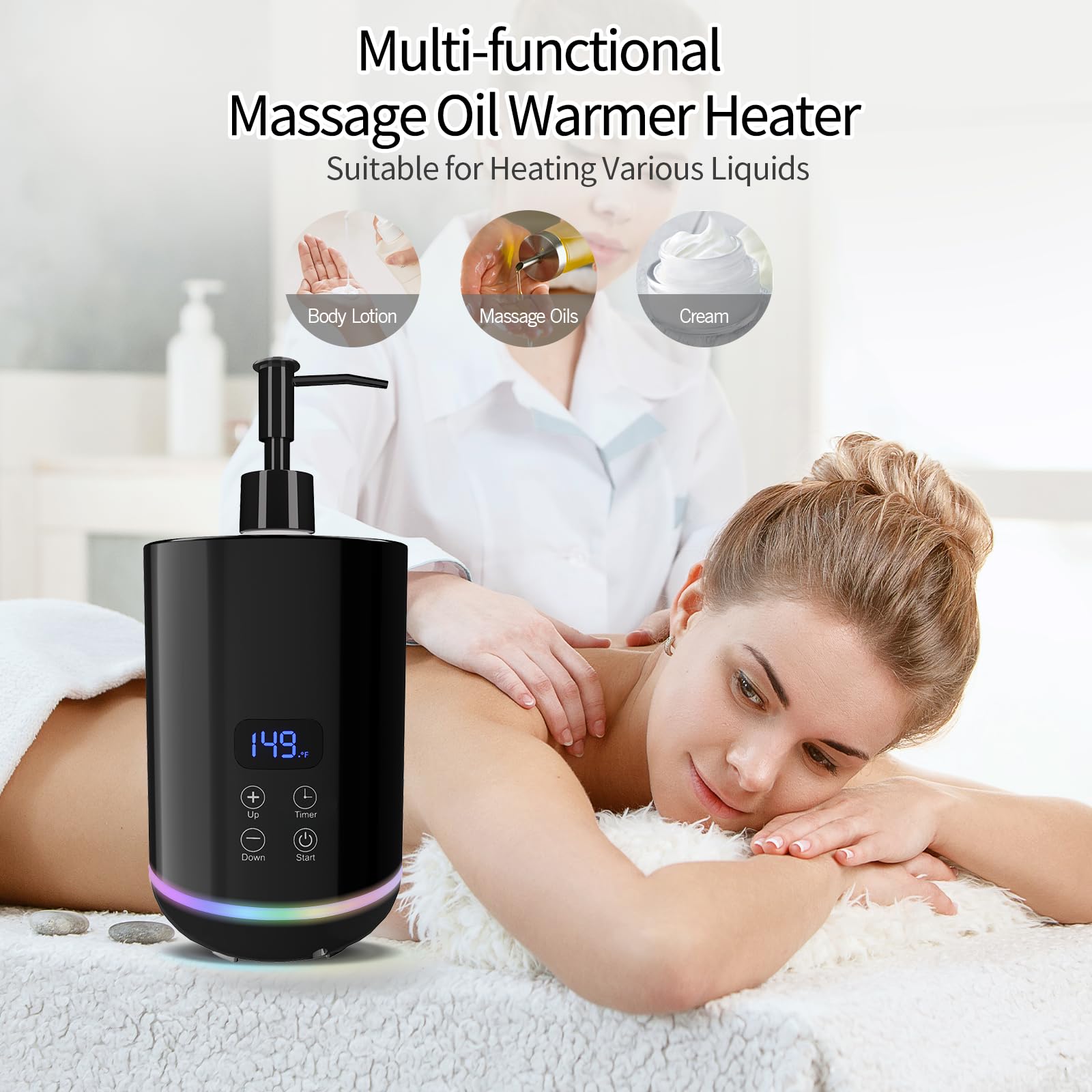 Chauffe huile de massage professionnelle iklestar avec éclairage d'ambiance et flacons distributeurs, appareil chauffant pour crème corporelle avec rouleau Gua Sha, Noir