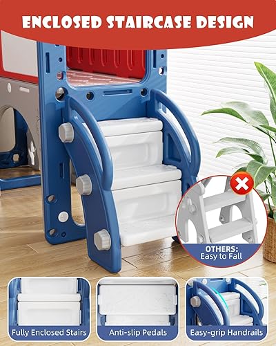 Miniatura 4 de YUFU Tobogán infantil 13 en 1 para niños pequeños, juego de tobogán con golf, tabla de dibujo, escalador, aro de baloncesto, espacio de