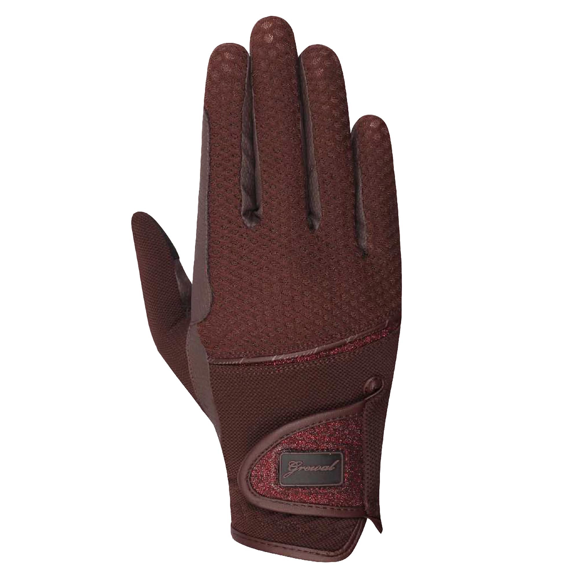 Grewal Equestrian Margaret RK-Serino KT Synthetic Leather and Air Mesh Riding Gloves with Glitter Strap (Dark Brown, Medium 7)