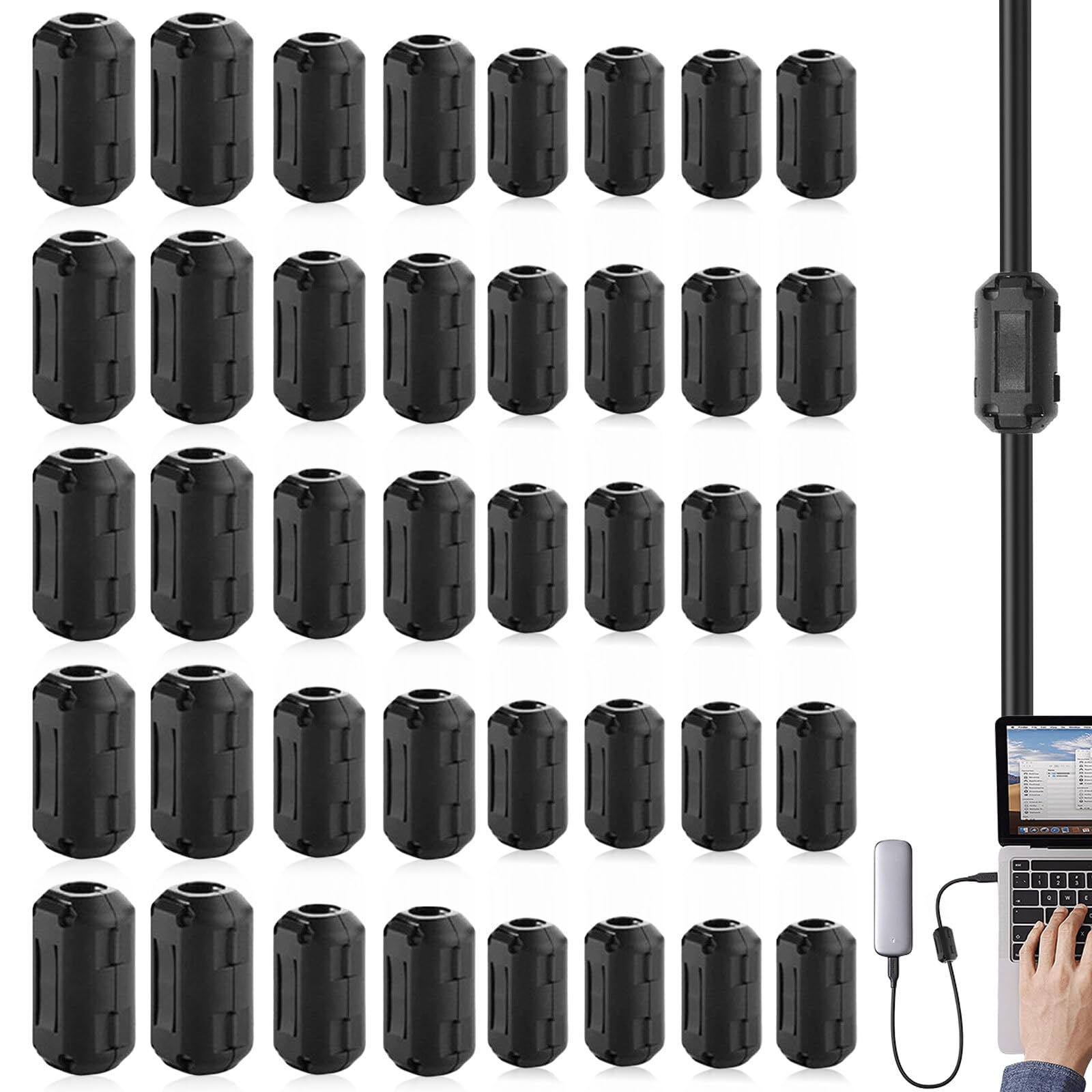 Filtri Antirumore In Ferrite | Set Da 40 Pezzi | 6 Misure Diverse | Per Cavi USB, Audio, Alimentazione - Foto 4