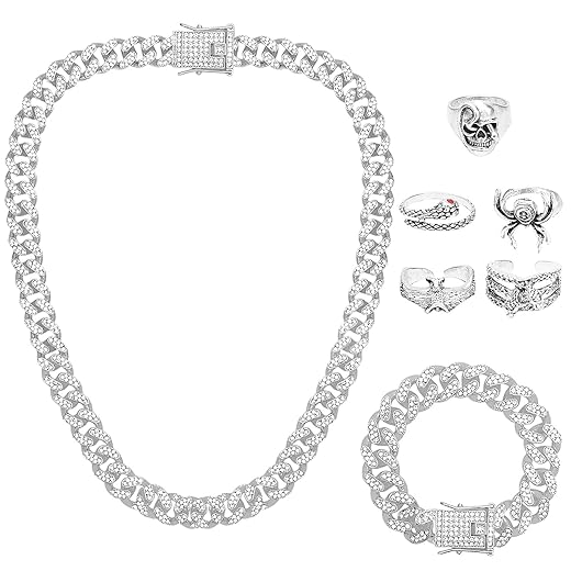 NEWITIN 31 Pieces Stainless Steel Jewelry Set for Men Black Silver Chain Necklace Bracelet Cross Pendant Necklaces Vintage Rings Dangle Cross Earrings Cuban Jewelry Set for Men Women