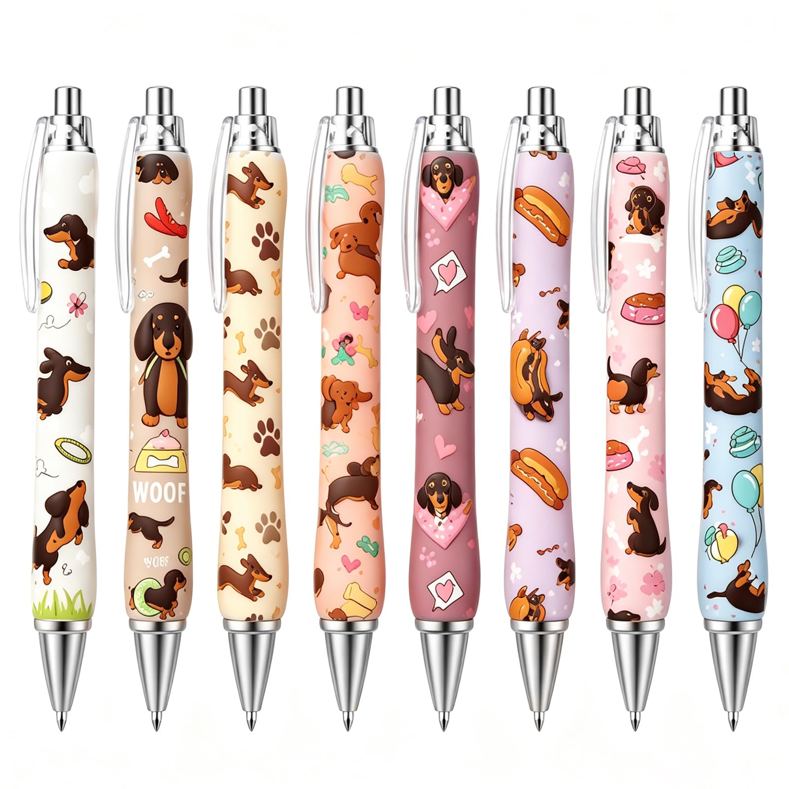 Orsefeliy 8Pcs Dachshund Ballpoint Pens, 1.0mm Retractable Gel Pen with Clip, Adorable Stationery Supplies for School & Office, Creative Dachshund Gifts for Colleagues, Teachers and Students