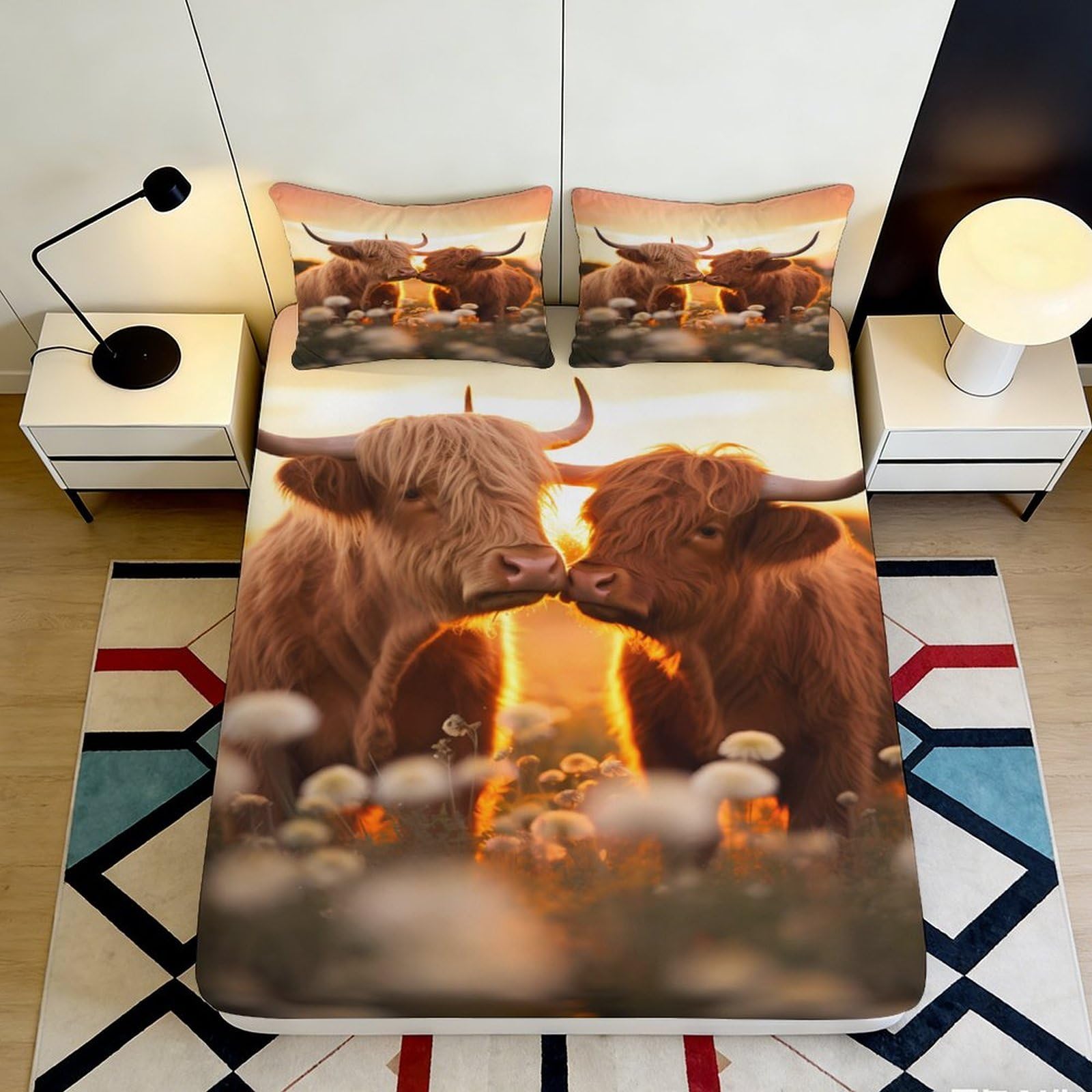 3D Printed Highland Cow Fitted Sheet Microfiber Soft Breathable Sunset Pasture Mattress Cover for Bedroom Dorm Decor 90x200x25cm