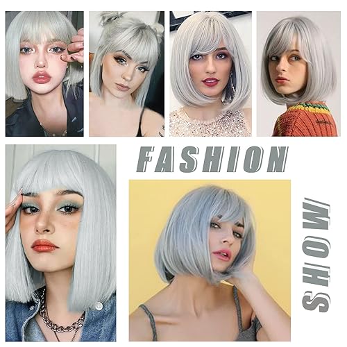 Miniatura 6 de LINGHANG Pelucas cortas de estilo Bob negro con flequillo, pelucas sintéticas rectas para mujer, peluca corta negra de aspecto natural, resistente