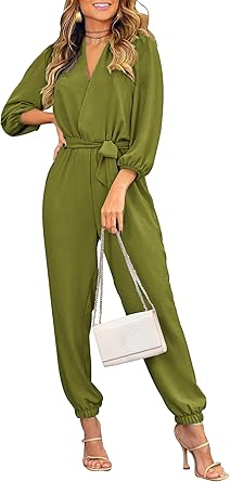 PRETTYGARDEN Women's Fall Jumpsuits Dressy Casual Pants Romper Spring Long Sleeve V Neck Belt Pockets One Piece Outfits