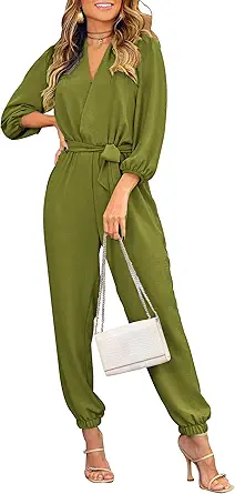 PRETTYGARDEN Women's Fall Jumpsuits Dressy Casual Pants Romper Spring Long Sleeve V Neck Belt Pockets One Piece Outfits