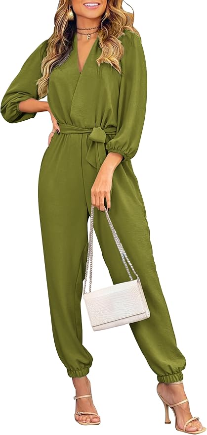PRETTYGARDEN Women's Fall Jumpsuits Dressy Casual Pants Romper Spring Long Sleeve V Neck Belt Pockets One Piece Outfits