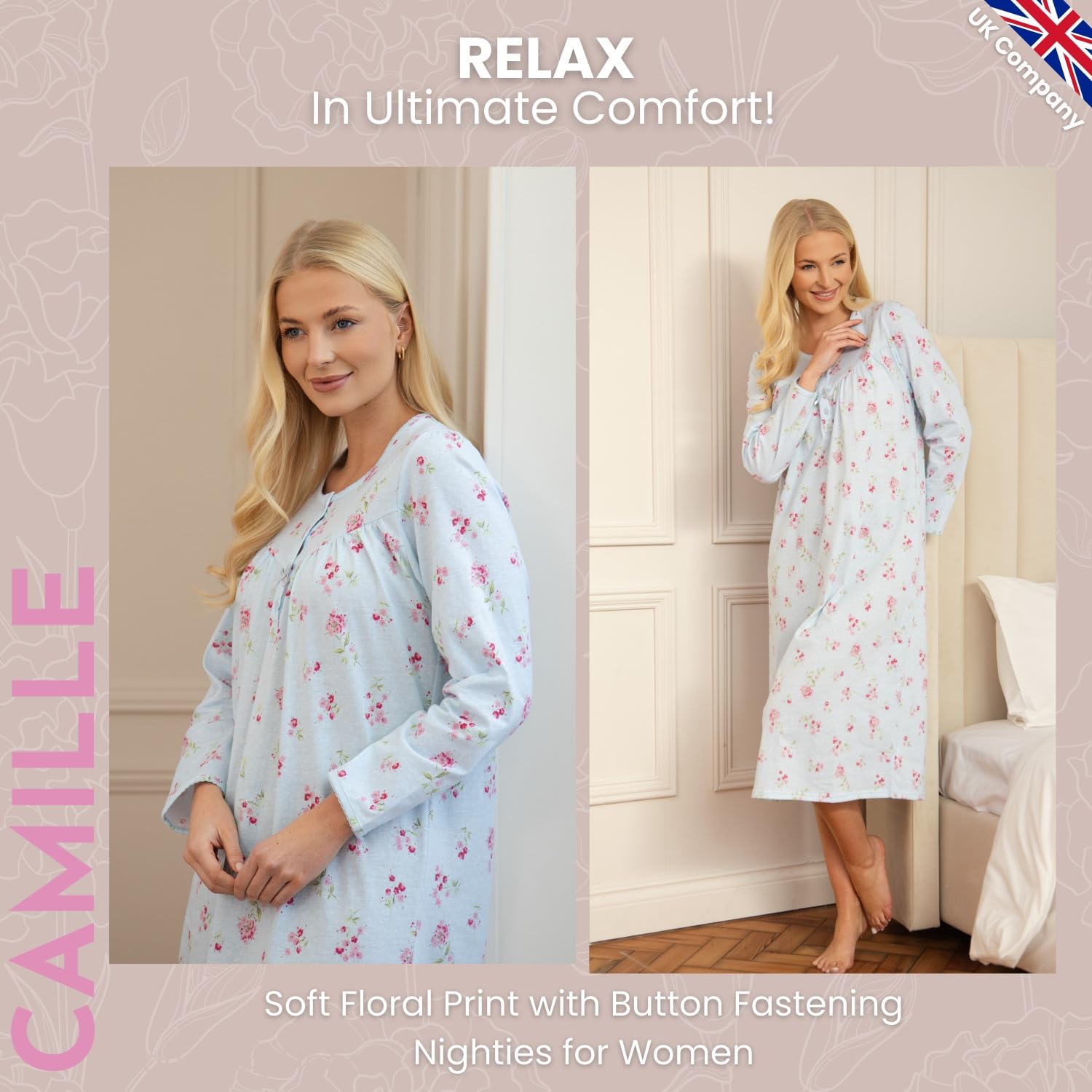 Camille Camicia da notte da donna a maniche lunghe, 100% cotone, con chiusura a bottoni e scollo rotondo