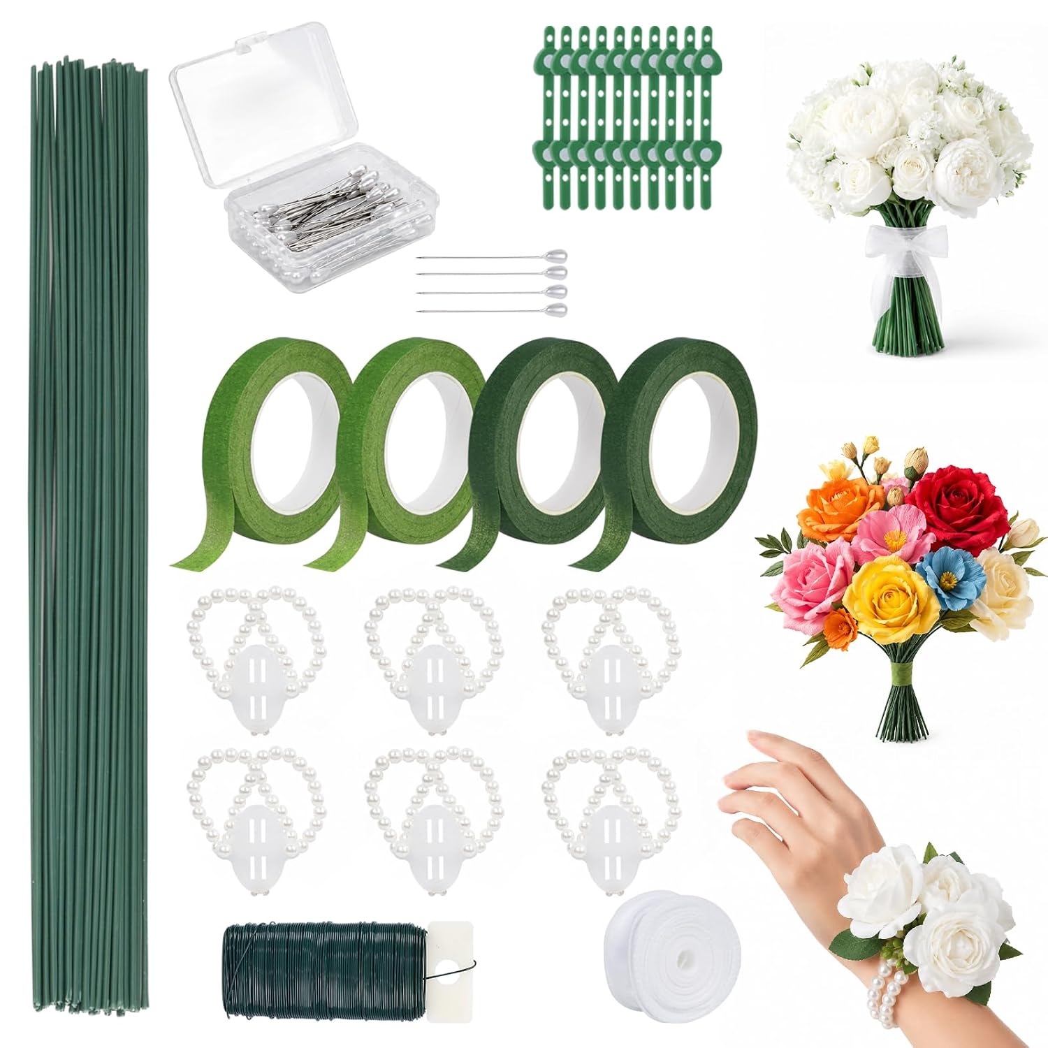 Floral Tape and Floral Wire Arrangement Tool Kit with White Ribbon, Peal Pins, Boutonniere Pins、Elastic Pearl Wrist Corsage Bands for Bouquets、Gauge Paddle Wire for Flower Tape Corsage Kit