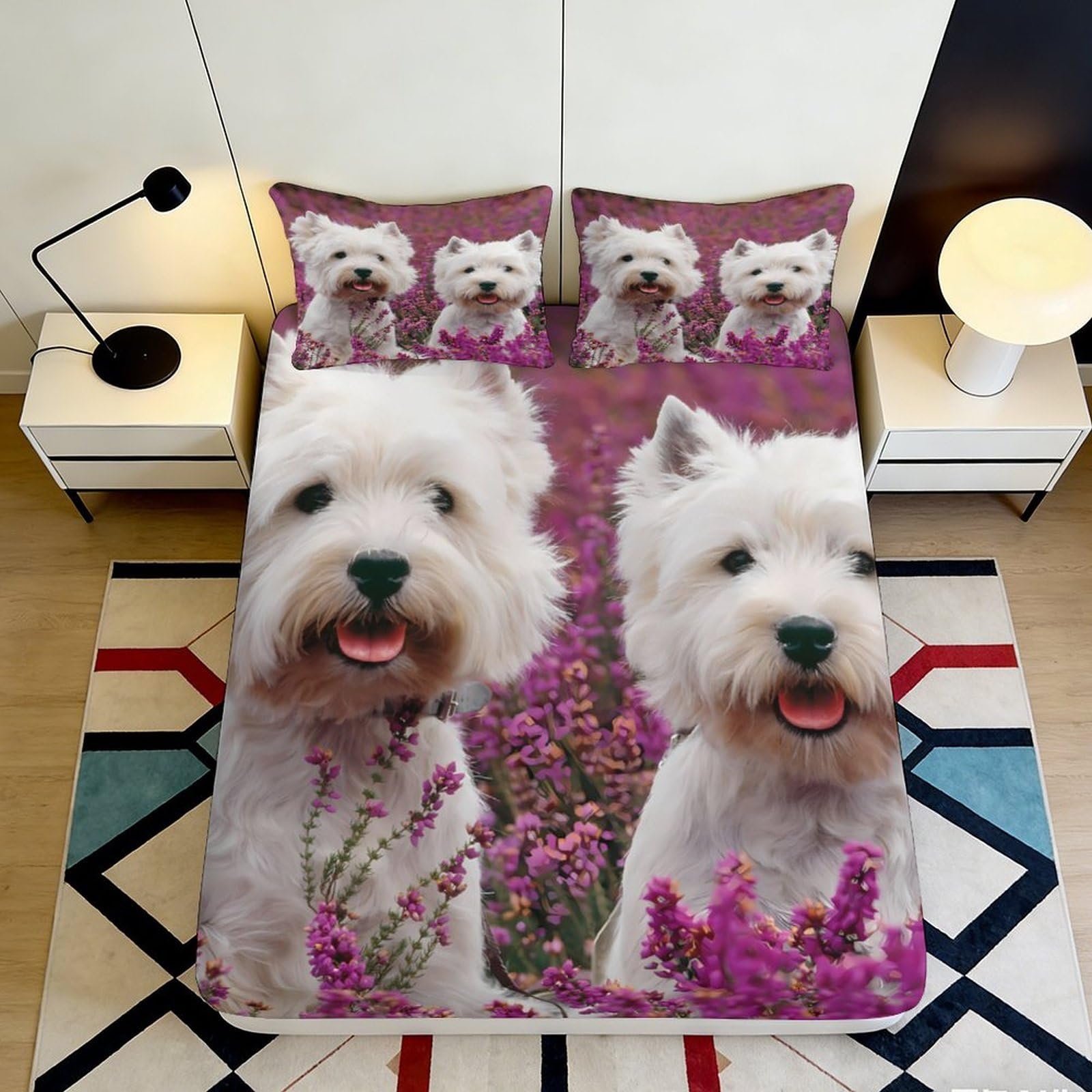 3D Printed White Westie Dog Fitted Sheet Microfiber Floral Purple Bed Cover for Bedroom Guest Room Mattress 90x200x25cm