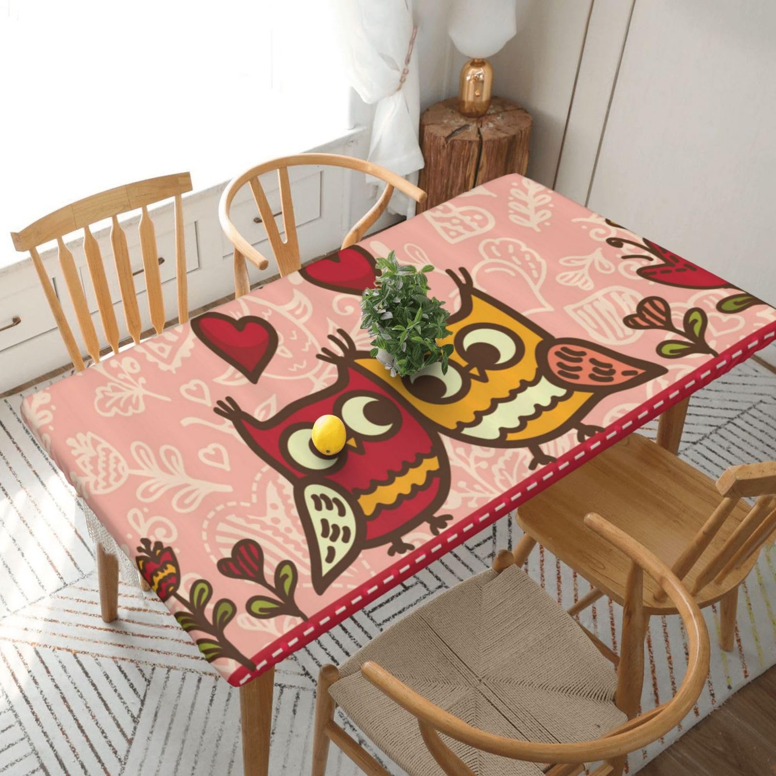 DCEHGEW Elastic Fitted Rectangle Tablecloth for 5ft Tables, Owls Printed Oilproof & Washable Fabric Picnic Table Cloth Table Covers