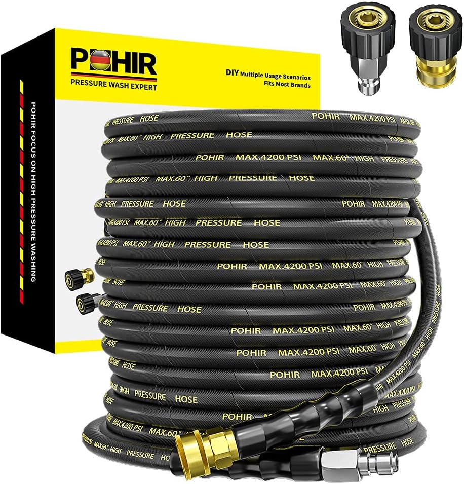 POHIR Pressure Washer Hose 70 ft with 3/8 Quick Connect, High Tensile Wire Braided Kink Resistant Pressure Washer Hose 4200 PSI, with 2pcs M22 14mm Quick Connect 3/8 Multi-Scene Use