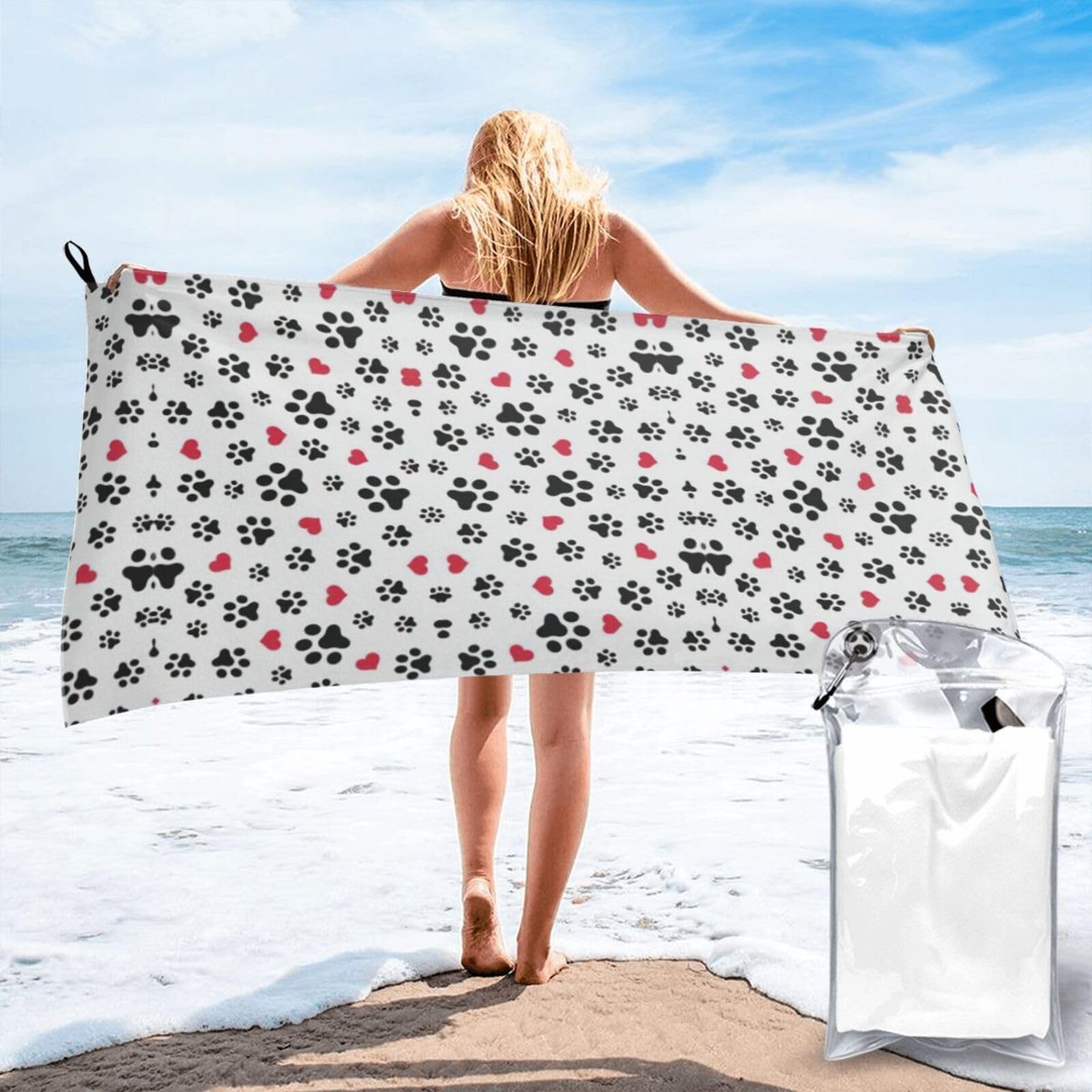 SDEGTHO Love Cat Paw Heart Puppy Foot Print Print Beach Towel Quick Dry Portable For Swimming Yoga Adults Fitness