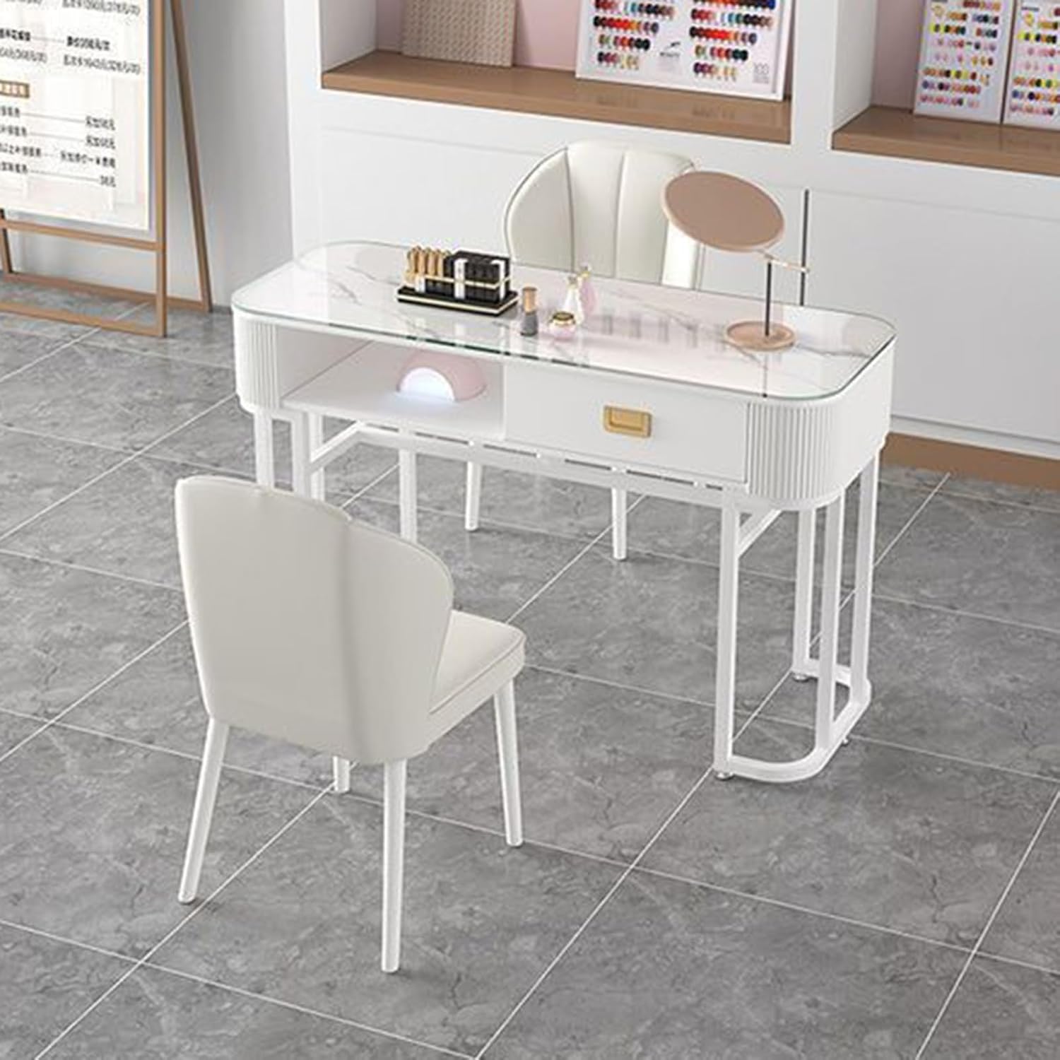 Modern Nail Tech Station, Manicure Table with Storage Drawers Open Shelves Professional Spa Workstation Glass for Nail Salon, Office(Style 2,120x40x76cm)