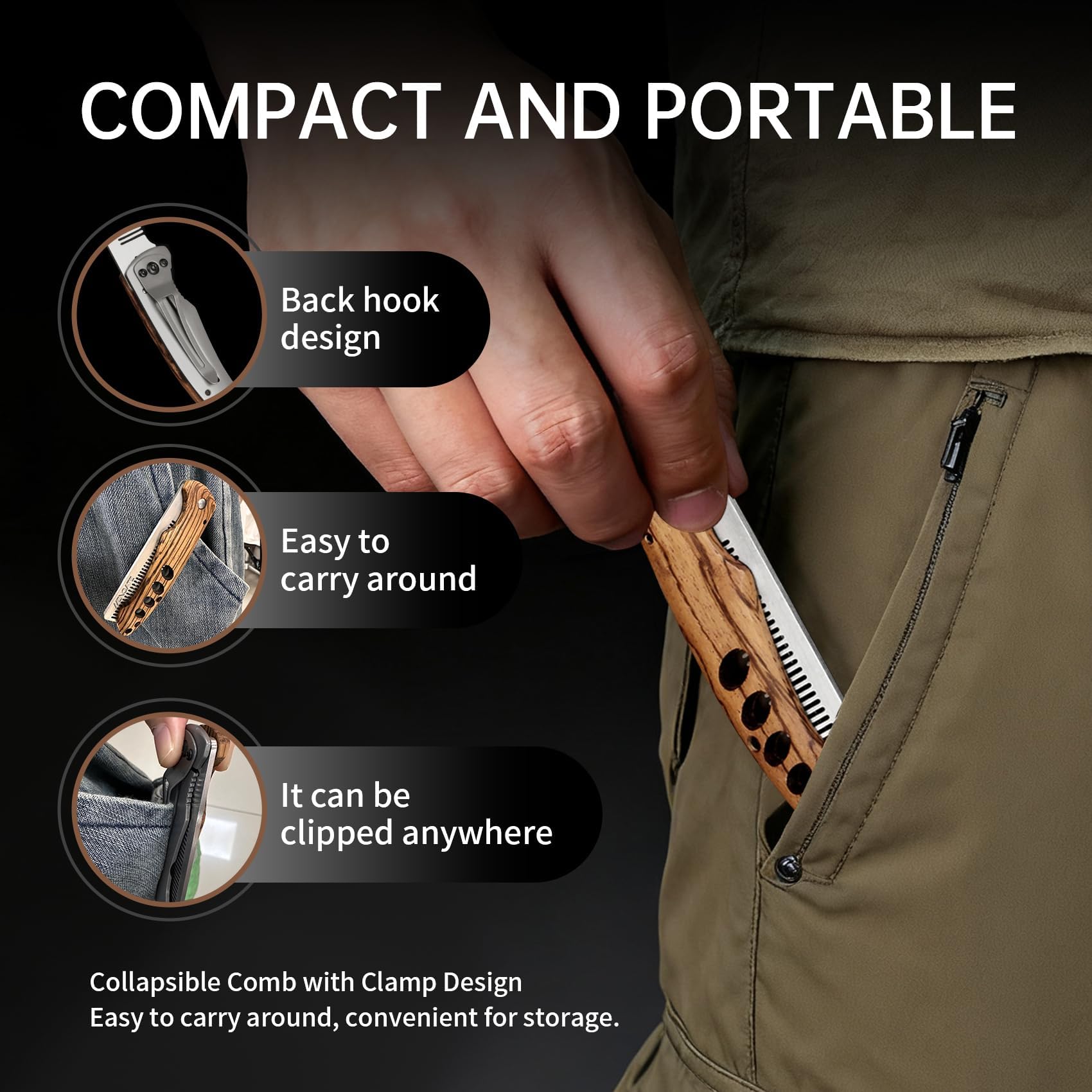 1 Pezzi pettine barba uomo pieghevole in legno e acciaio inox, accessorio da viaggio per barba baffi, modello tascabile per capelli e cura quotidiana maschile, design portatile per uso casa e viaggio