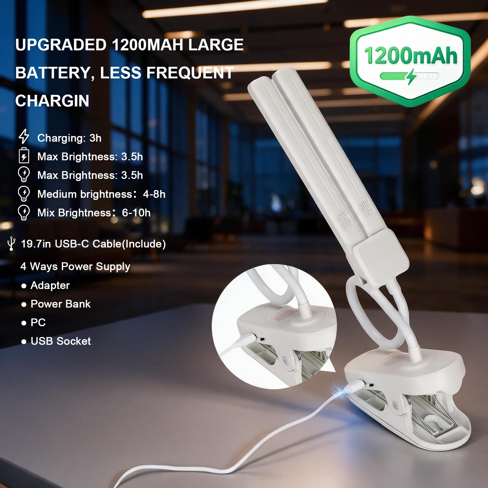 1200mAh ricaricabile doppia testa LED Desk Lamp con morsetto