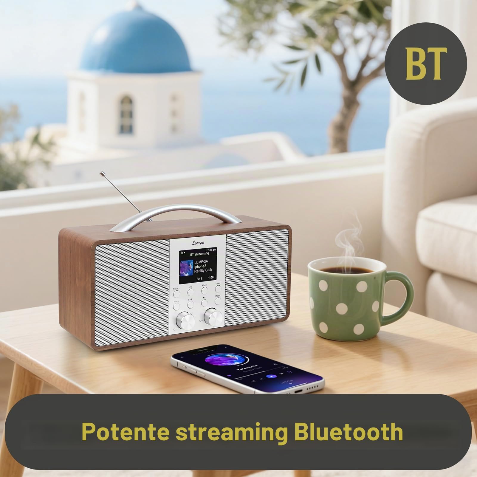 Radio Internet Lemega IR6 con podcast e streaming Bluetooth,radio DAB+/FM stereo,doppio altoparlante 2.0,150 stazioni preimpostate,sveglia,batteria ricaricabile (Noce)