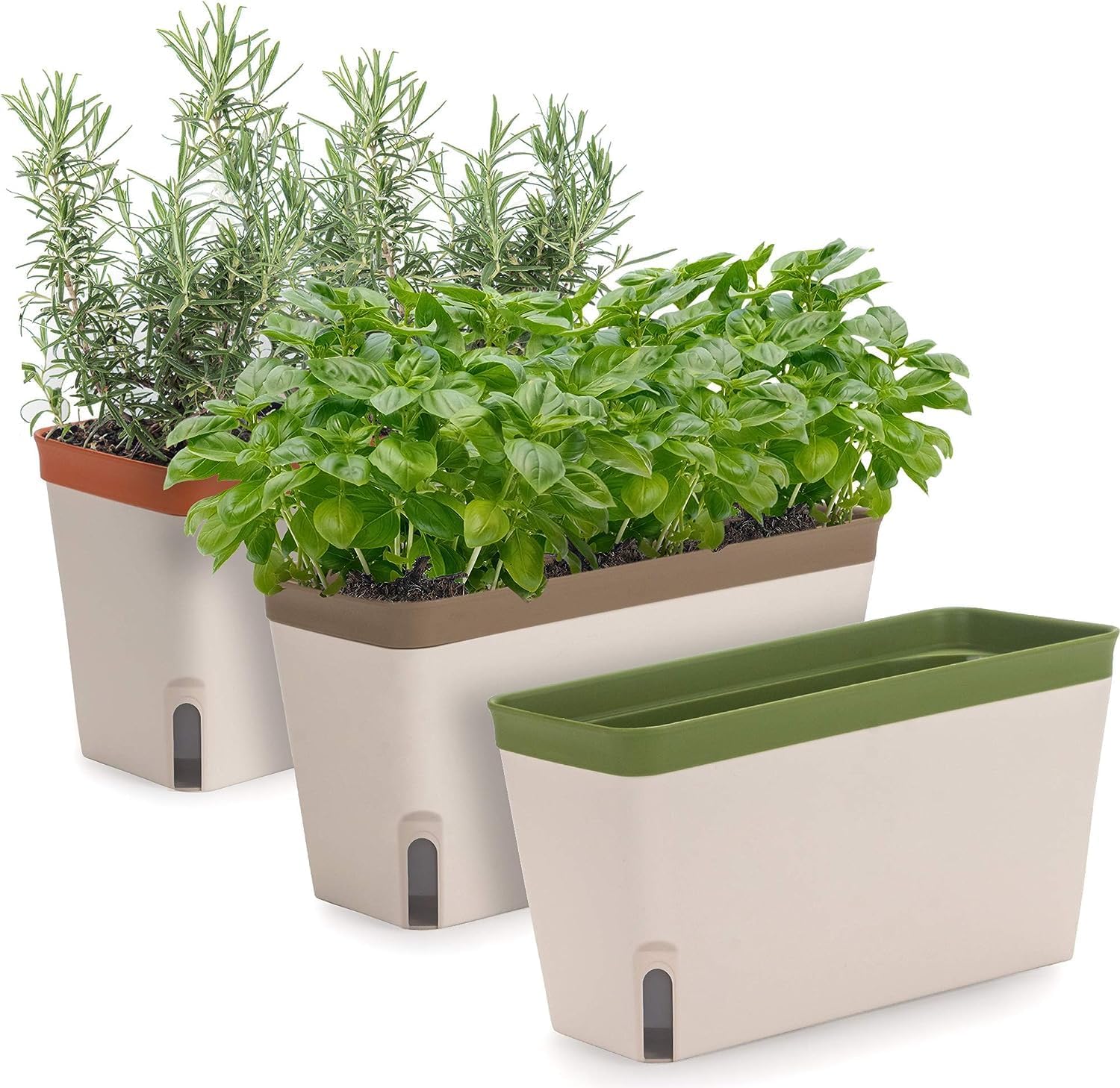 Angju Windowsill Herb Planter Box, Set of 3, Self Watering Plant Pots, 10.5 Inch Rectangular Planter Pots, Decorative Garden Flower Pots for Indoor Plants, Herbs, Vegetables, Flowers