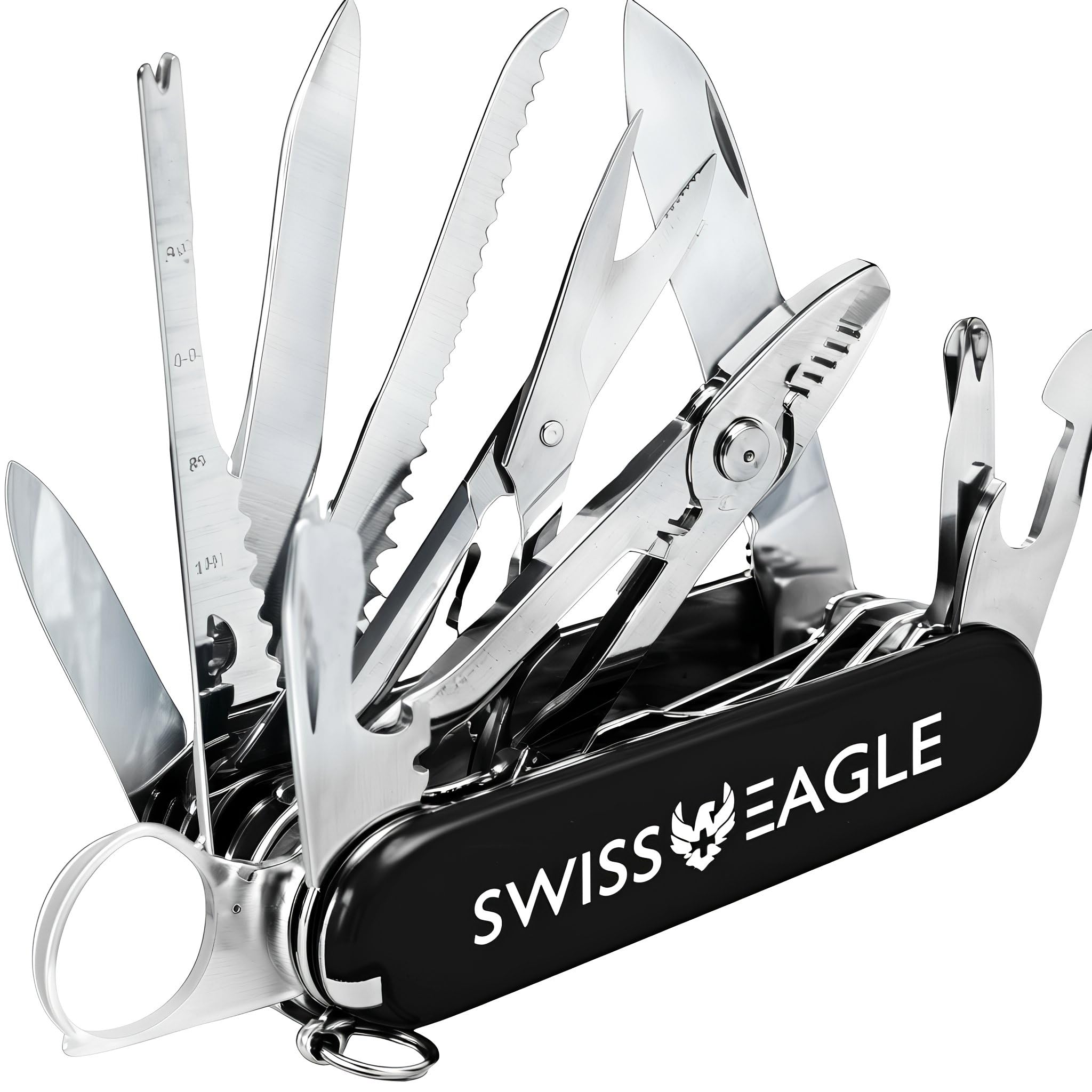 Swiss Eagle 30-in-1 Classic Pocket House Hold & Campaign Tool, Premium Multi Tool Pocket Tool with Blade, Scissor, Screwdriver, Plier, Magnifying Glass, Tweezer for Christmas Gifts - - Black