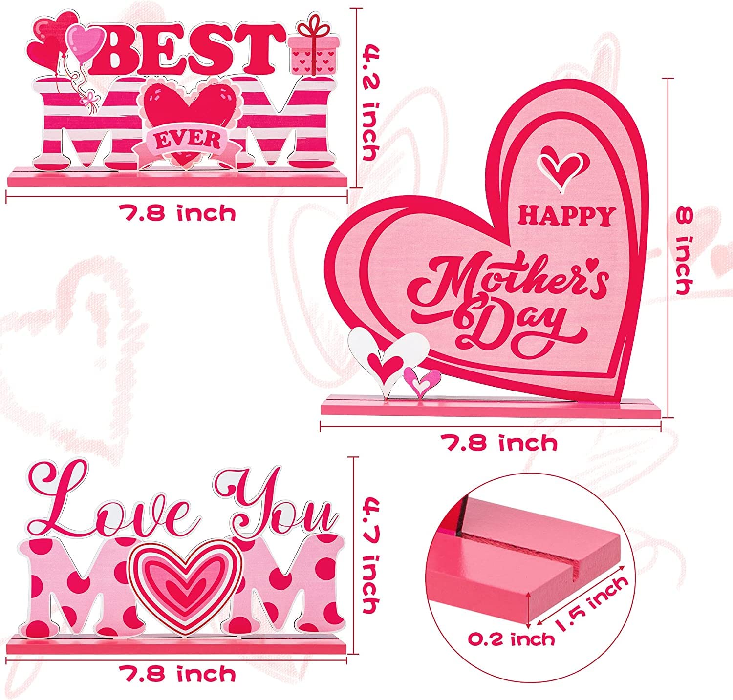 Haooryx Mother's Day Wooden Centerpieces - 3Pcs Wooden Table Centerpieces Decoration Happy Mother's Day Table Topper Sign Wood Craft Kit Center Piece Mom's Birthday Gift Mantel Shelf Dining Detachable
