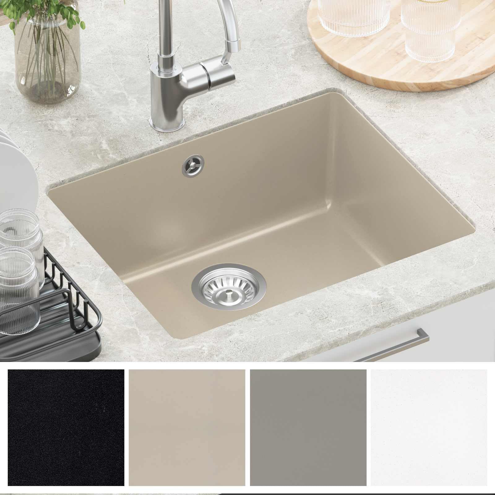 Fregadero de cocina beige de 530 x 460 mm, 80% cuarzo, 20% resina, fregadero empotrable con desagüe, juego de accesorios y rejilla para cestas, fregadero de granito resistente a los arañazos