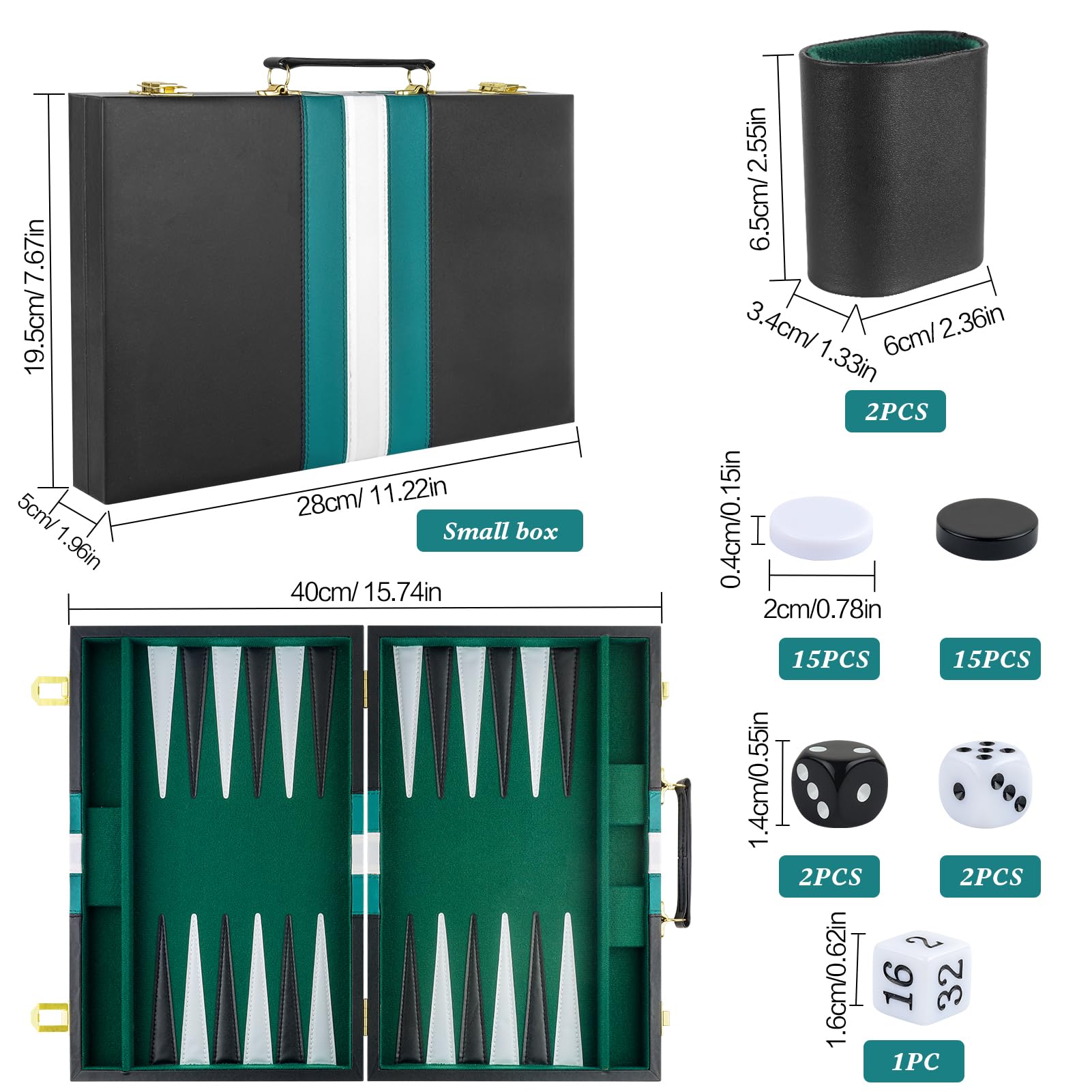 Backgammon - Juego de 2 jugadores de backgammon clásico para adultos, juego de mesa con funda de piel sintética negra, portátil y juego de backgammon de viaje (verde, 11 pulgadas)