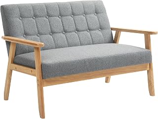 HOMCOM Sillón de 2 Plazas Sofá de 2 Plazas Tapizado en Lino con Reposabrazos de Madera Respaldo Acolchado Carga 250 kg Sillón para Salón Dormitorio Gris Claro