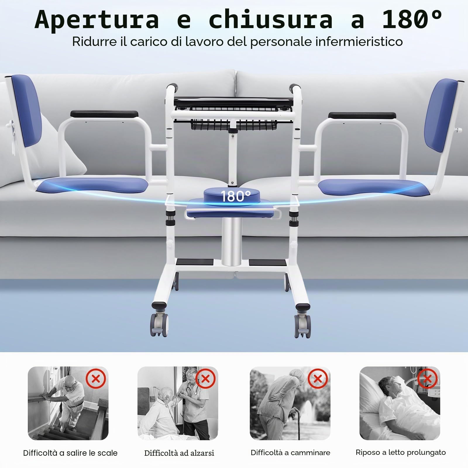 Sollevatore idraulico per pazienti, per anziani, sedile diviso a 180°, sedia a rotelle portatile, blu