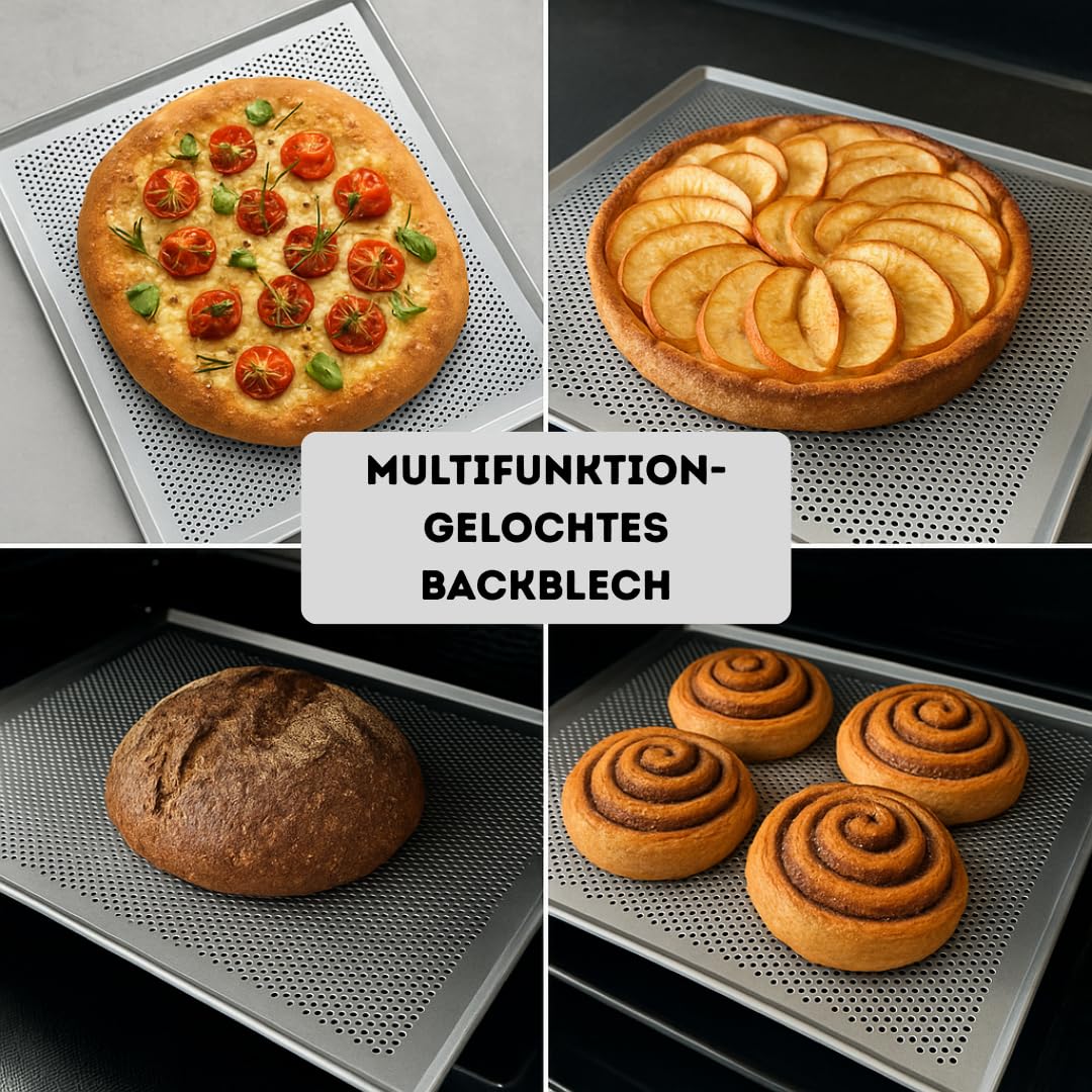 PREMIUM LOCHBLECH 46,5 x 37,5 cm – Gelochtes Backblech für knuspriges Backen wie beim Profi: Ideal für Pizza, Brot, Baguette & Kuchen – kompatibel mit Bosch, Siemens, Neff, AEG, Whirlpool u.v.m.