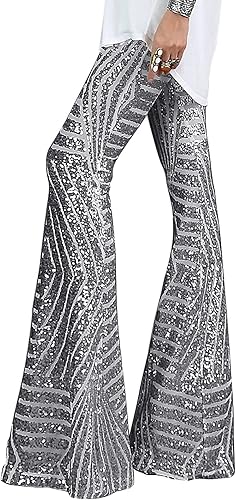 BLENCOT - Pantalones palazzo de lentejuelas con brillantina para mujer, cintura alta, pierna ancha, con dobladillo acampanado para fiesta