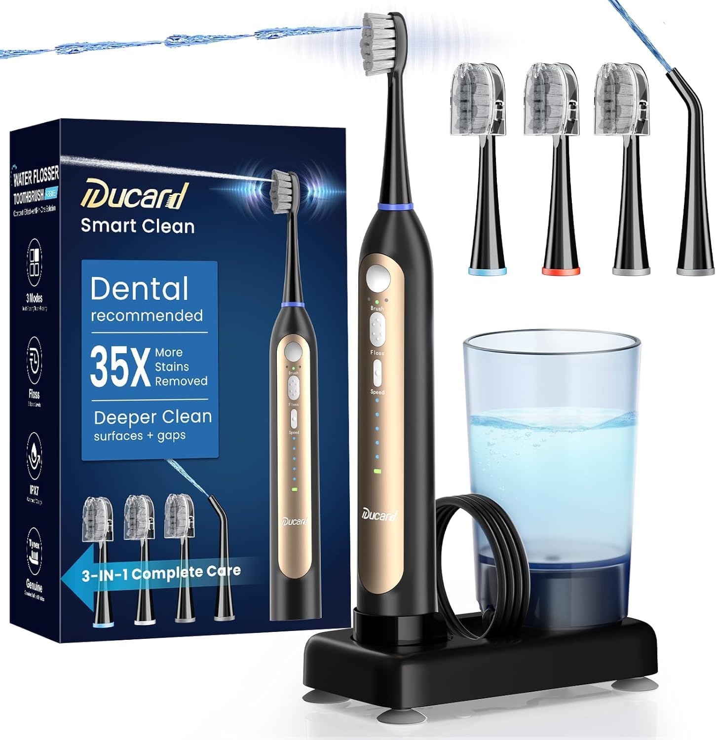 Electric Toothbrush with Water Flosser, 3 Sonic Toothbrush Modes & 5 Water Flossing Pressure for Deep Clean, IPX7 Waterproof for Shower, Rechargeable Flosser for Braces Sensitive Gums, 4 Heads