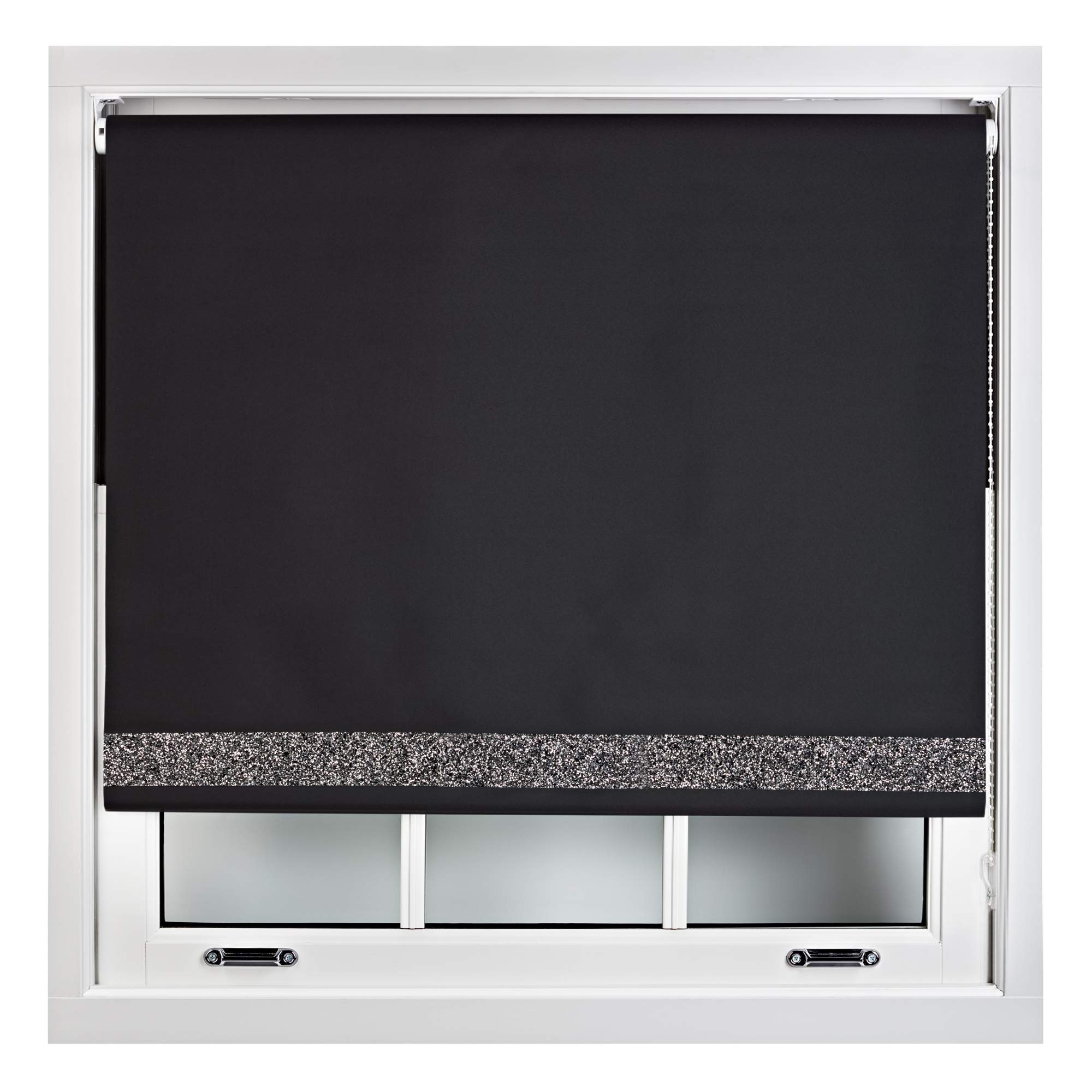 FURNISHED Blackout Roller Blinds With Glitter Edge - Trimmable Thermal UV Protection Fabric Easy Fit Sparkle Glitter Blind for Windows, Black 85W x 165H cm