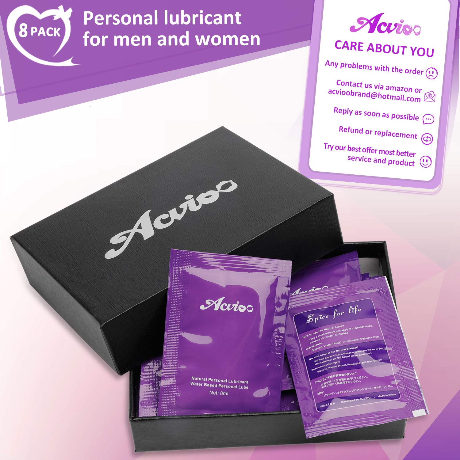 ACVIOO Natural Personal Lubricant,Water-Based, Sex Lube for Women,Men or Couple,Travel Set,8 mL (12 pcs in Gift Box) : Amazon.com.au: Health, Household & Personal Care ACVIOO Natural Personal Lubricant,Water-Based, Sex Lube for Women,Men or Couple,Travel Set,8 mL (12 pcs in Gift Box) : Amazon.com.au: Health, Household & Personal Care