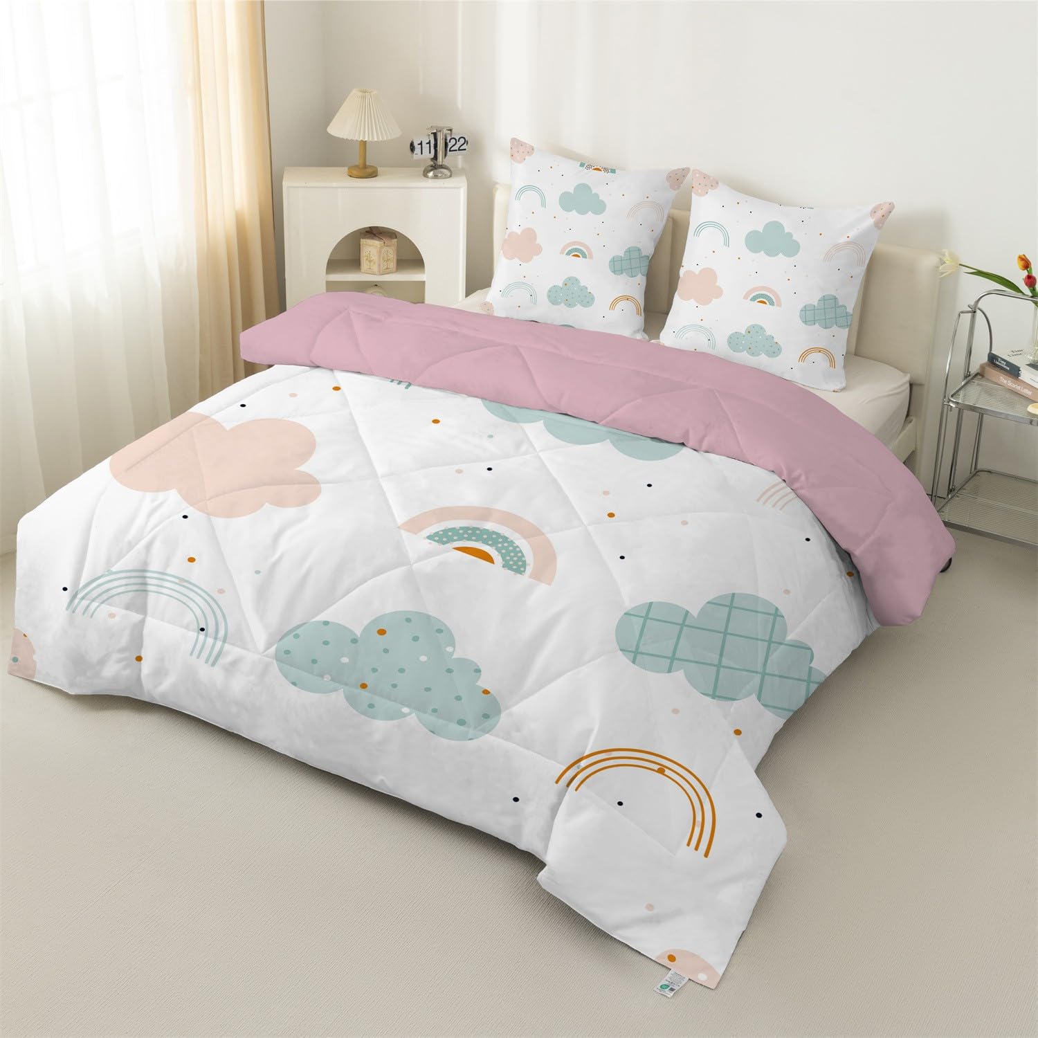 Couette 90x190 Enfant, Arc-en-Ciel Blanc Legere, Filles et garçons Tempérée 4 Saisons - Couette Imprimée 1 Personne, Edredon sans Houss et 2 Taies d'oreiller 65x65 cm S11