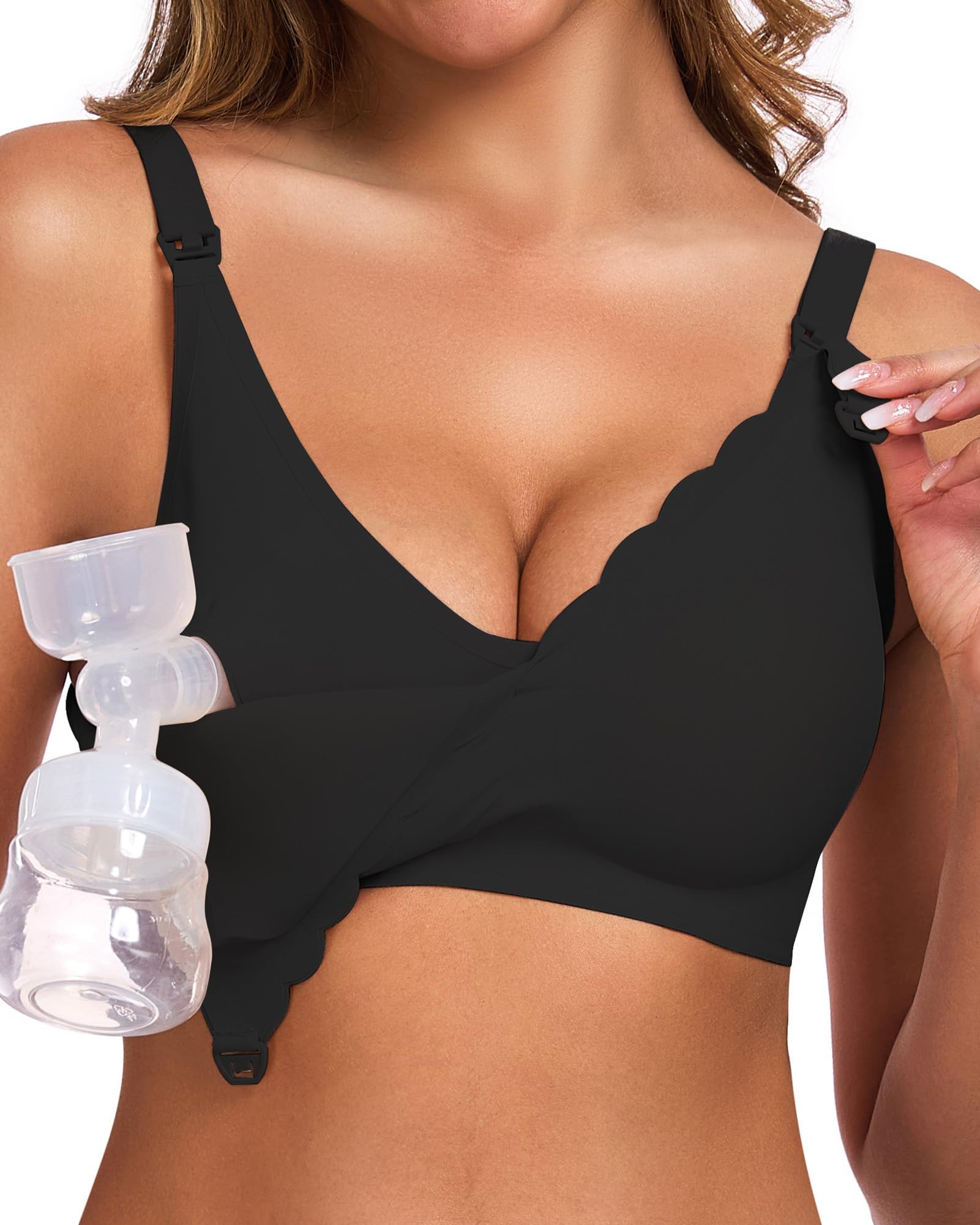 Pumping Bra Hands Free-Adjustable Every Day Bra Holding & Breast Pump Bra Wireless Comfortable Bras-Perfect 2 in One-M-BK Black