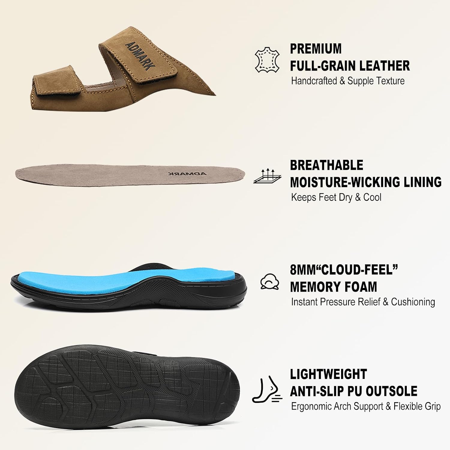 ADMARK Men's Full-Grain Leather Slide Sandals, Adjustable Strap Slip-On with Arch Support & Memory Foam Footbed, Lightweight Comfort for Walking Outdoor Beach (Runs Small, Order 1 Size Up)