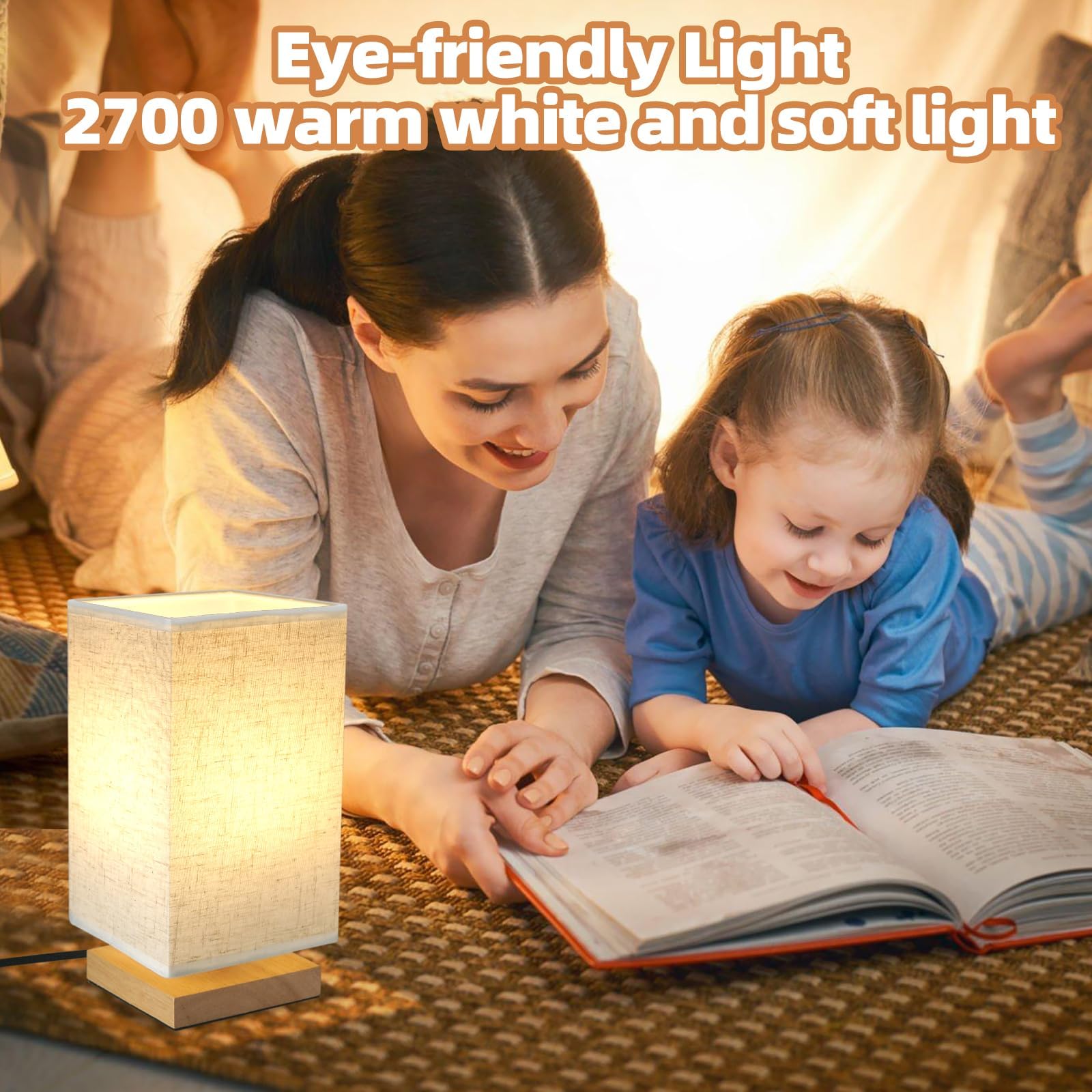 Gray Square Fabric Shade Bedside Table Lamp, Pack Of 2 - Retro Solid Wood Base, 12.6" H - View #5