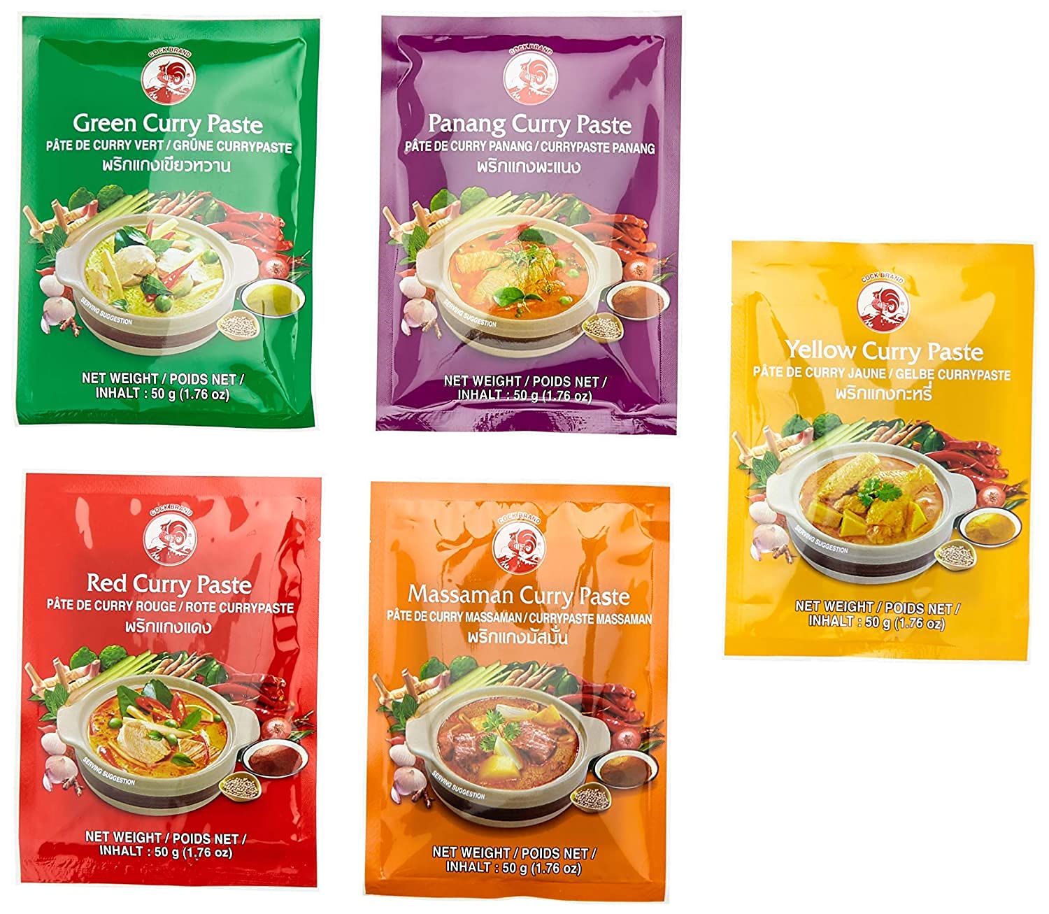 Cock Brand - 5 différentes pâtes de curry par 50g (rouge, jaune, vert, panang, matsaman)
