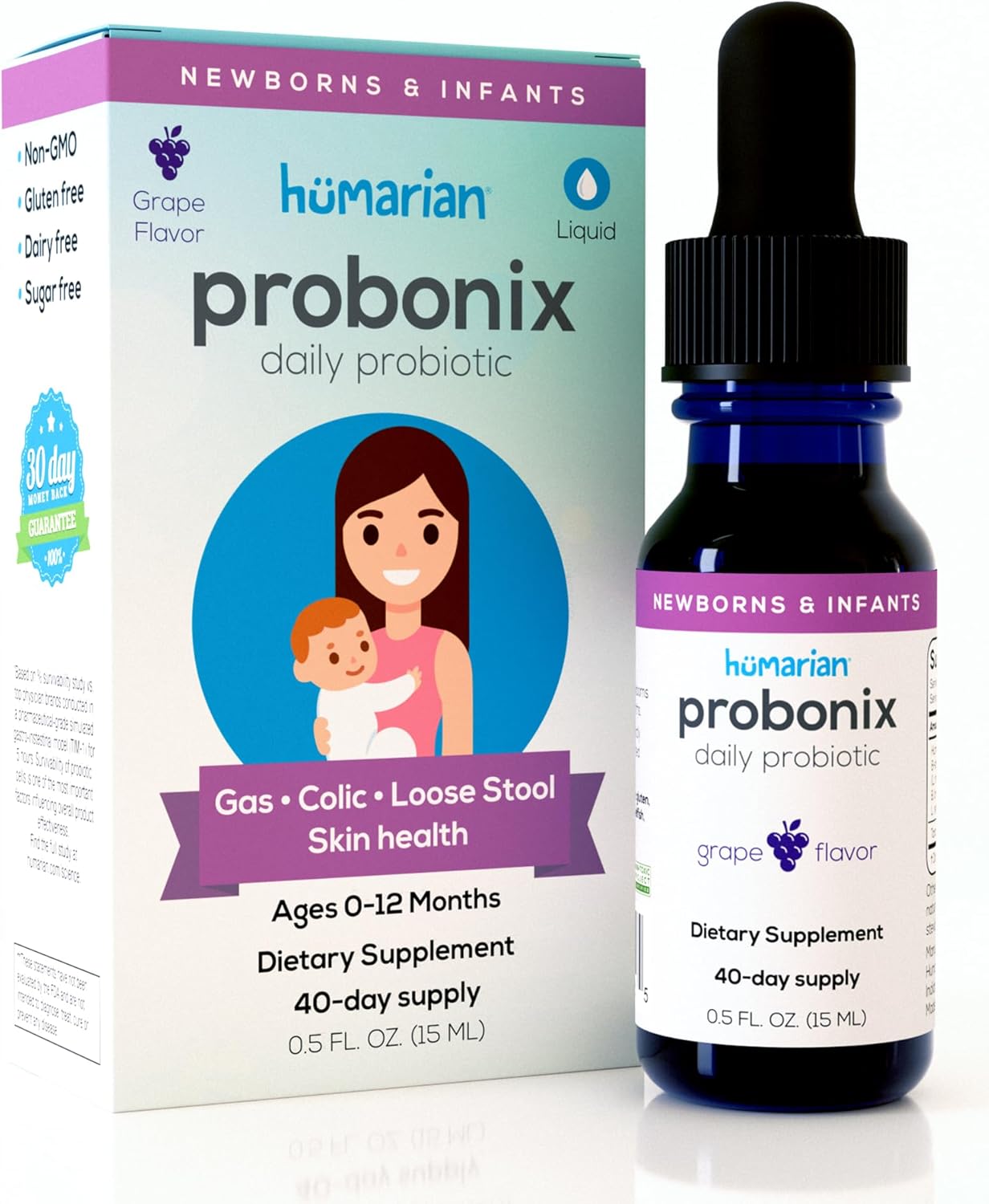 Humarian Probonix for Newborns and Infants 0-12 Months - High Bioavailability Liquid Probiotics - 8-Strain Baby Probiotic Drops for Gas, Colic, Lactose Intolerance & More - 40-Day Supply, Grape Flavor