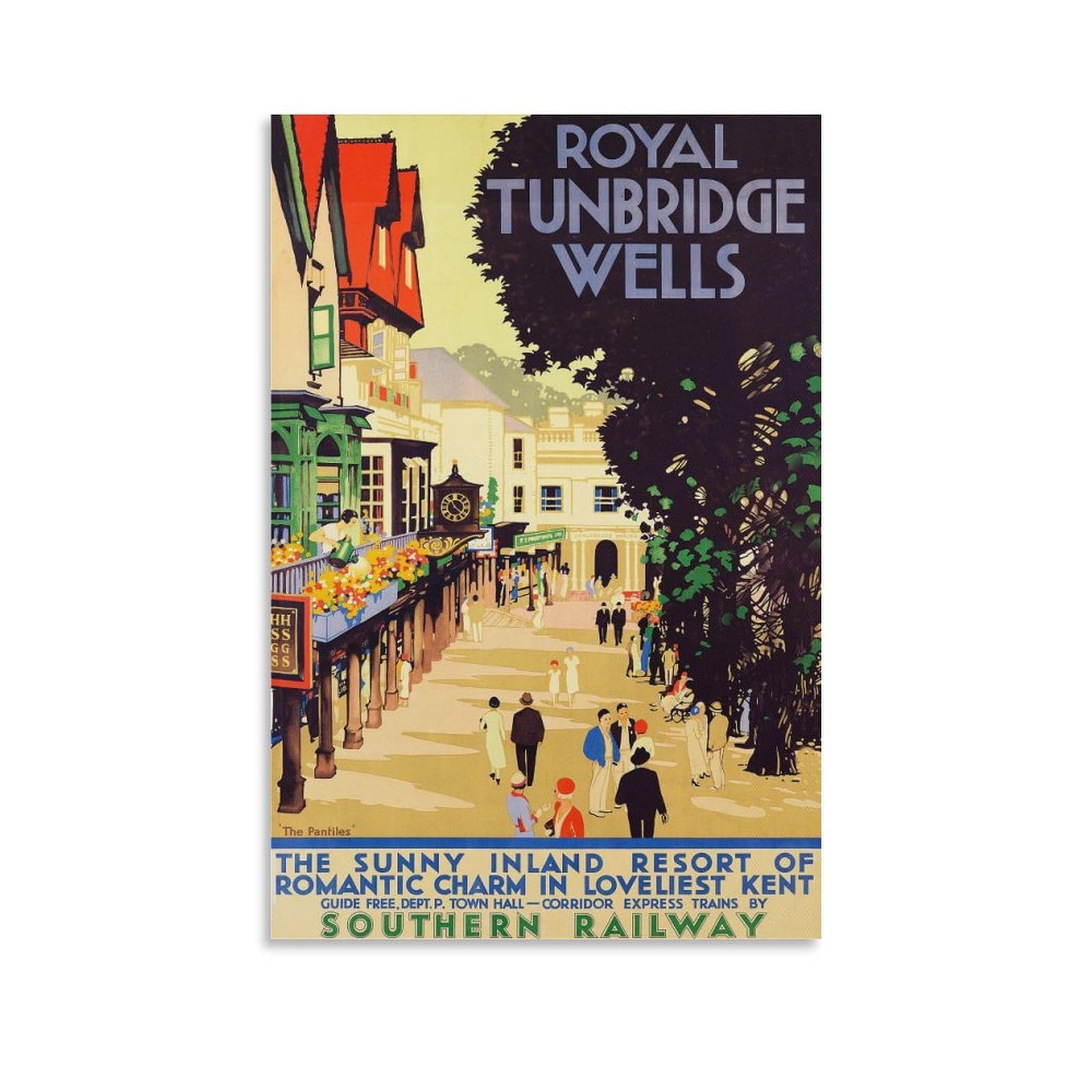 Fupmtklt Unframe-Style Vintage British Railways Royal Tunbridge Wells Kent Travel Streetscape Canvas Poster Bedroom Decor Landscape Office Room Decor Gift 20X30inch(50X75cm)