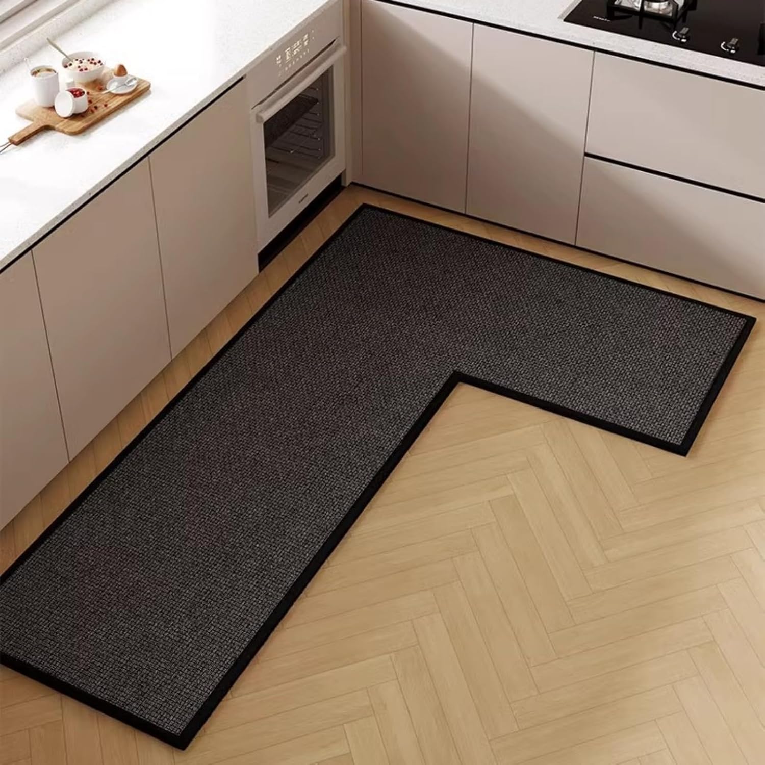 L Shape Kitchen Mat, Anti-slip Corner Kitchen Mats for Floor, 1 Piece L Shape Rug, Absorbent Runner in Front of Sink, Washable Floor Rugs for Home,Kitchen,Office(Black/Grey Left-L,6'7" x 4'7")
