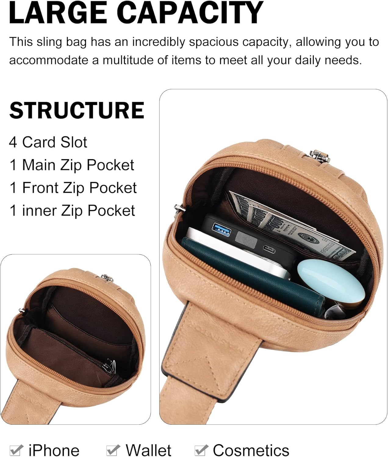 MASINTOR Small Sling Bag for Women and Men - Vegan Leather Crossbody Fanny Pack with Multiple Compartments for Everyday Use Camel Brown - Image 3