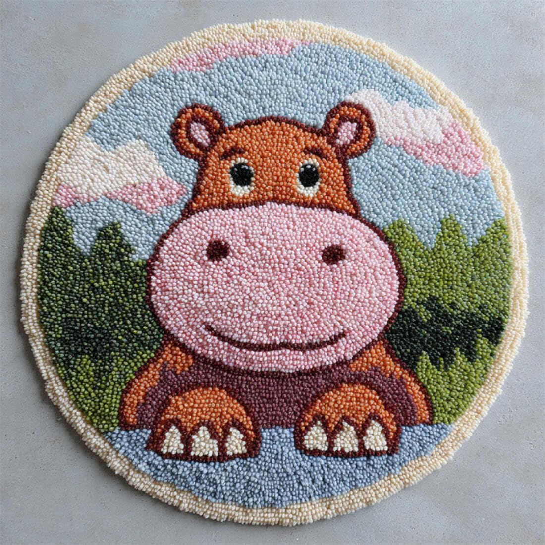 Rqwybcaxn H Diy Latc Hook Rug Making Kits For Adults Animal Crochet Ooks Set Cartoon Ippo 50X50cm Round Tapestry Wit Crochet Ook Living Room Craft Gift
